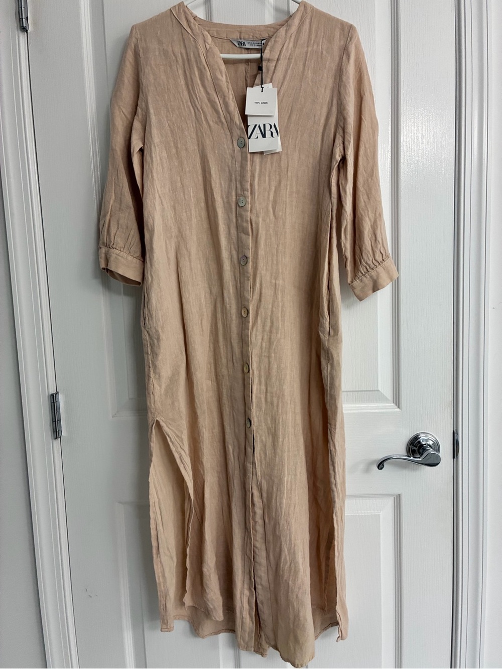 Zara Light Beige Button-Front Linen Shirt Dress